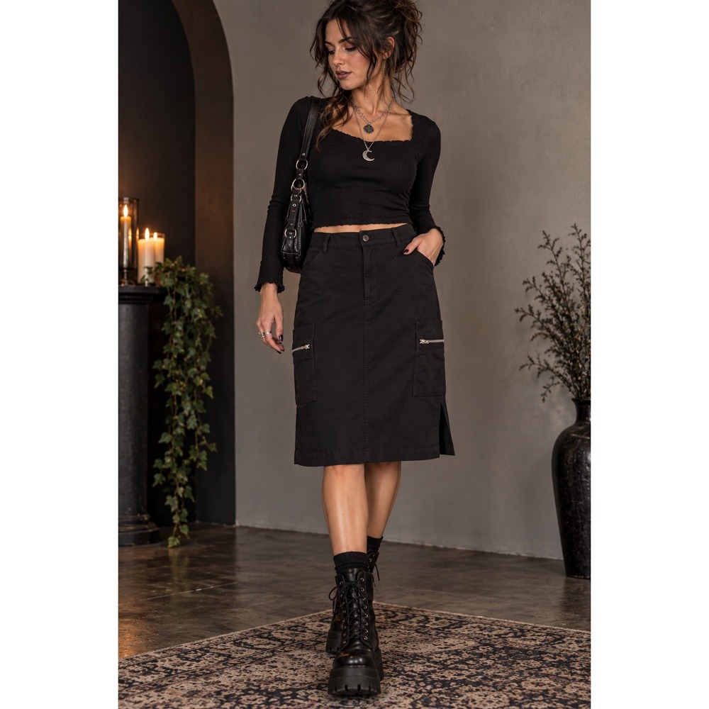 Guess Jeans Black Cargo Midi Skirt Utility Zip Pockets Size 28 Y9372565